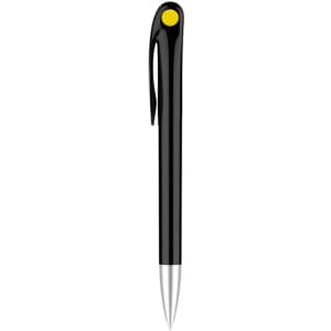 A black plastic pen with a yellow accent and a silver tip, featuring a clip and branding.