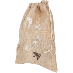 A small jute produce bag in natural beige featuring floral designs and a logo.
