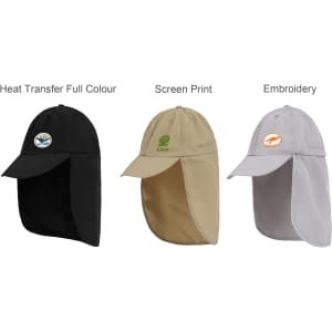 Baseball caps with neck flaps in black, khaki, and grey, featuring different designs and logos.