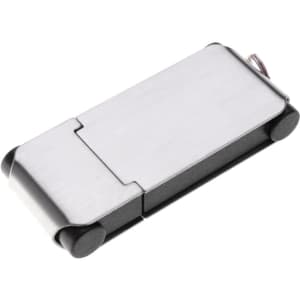 A silver and black flash drive with a sleek, metallic design and rounded ends. Features a branding logo.
