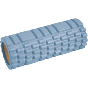 A foam yoga roller in light blue with a textured pattern and a solid core, featuring a logo on one end.