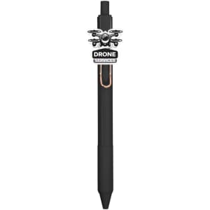 A black acrylic pen featuring a drone design and a clip, with branding on the top.