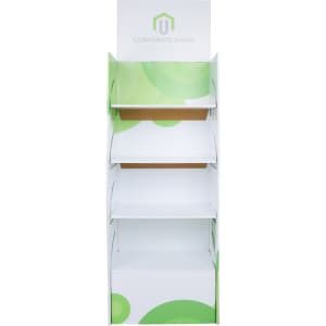 A white cardboard floor display with green accents, featuring four shelves and a header section.