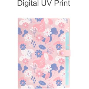 A4 expandable file folder with a floral design in pink, blue, and white, featuring a clasp closure and branding.