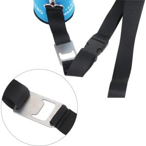 A drink bottle stubby holder in blue with a black strap and metal clip for securing. Features a logo on the holder.