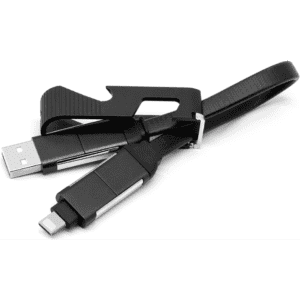 A black 60W charging cable featuring a phone stand and opener, with a stylish strap for organisation.