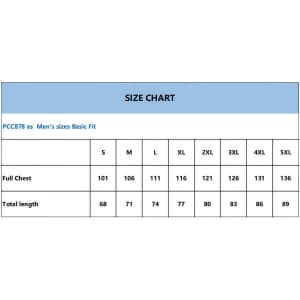 A size chart featuring measurements for men's singlets, including full chest and total length in various sizes.