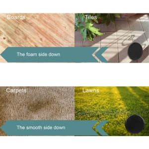 A set of yoga sliding disks in black, displayed on various surfaces like tiles, carpets, and lawns.