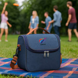 A blue customizable lunch bag with a strap and a logo, sitting on a picnic blanket in a park.