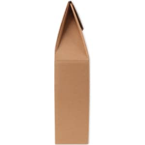 A portable wine box in a light brown colour, featuring a pointed top and a simple design. Contains branding.
