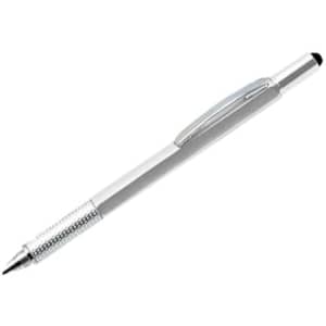 A silver multi-function pen with a sleek design and a black writing tip. It features a branding logo on the body.