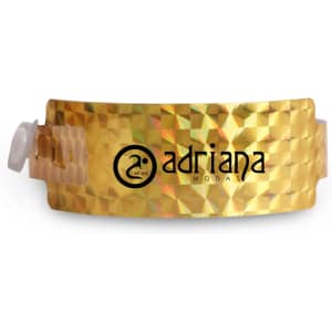 A yellow holographic PVC wristband featuring a logo, suitable for events and exhibitions.