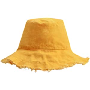 A yellow Raw Edge Bucket Hat with a frayed brim and a logo.
