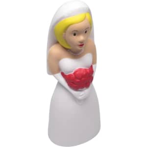 A white bride stress reliever figurine with blonde hair and a red bouquet, featuring a subtle logo detail.