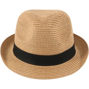 A straw hat in beige with a black ribbon band, featuring a rounded crown and a wide brim.