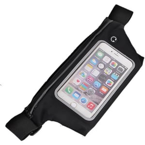 A black waist bag with a transparent phone pocket on the front. It features adjustable straps and a logo.