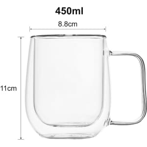A barrel-shaped double wall mug made of clear glass, featuring a handle and a capacity of 450ml.