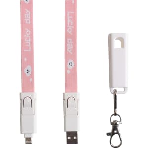 A pink polyester lanyard charging cable featuring USB and Lightning connectors, with a clip and a branding logo.