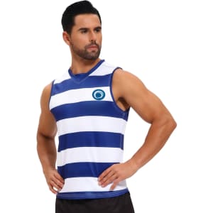 A man models a blue and white striped V-neck singlet made of 100% polyester micro mesh, featuring a logo.