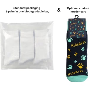 A biodegradable bag containing six pairs of colourful thermal socks for kids, featuring a custom pattern and branding.