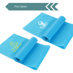 Two rolled blue TPE fitness resistance bands, featuring different logos on each band.