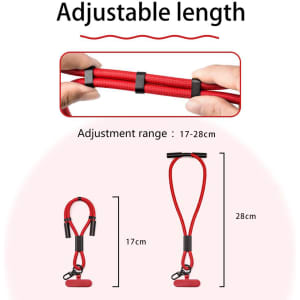 A red adjustable phone strap features metal clips and has an adjustment range of 17-28 cm in length.