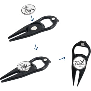A black golf divot tool features a ball marker and a bottle opener, showcasing its multifunctional design.