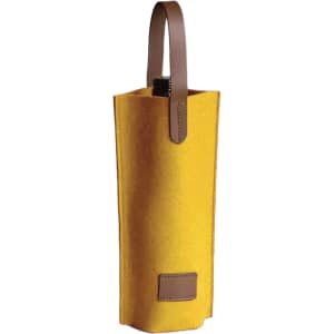A drink bottle bag made of yellow felt with a brown leather handle and a decorative brown patch.