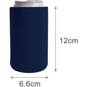 A navy stubby holder designed to fit standard drink cans, featuring a simple, smooth design and a logo.