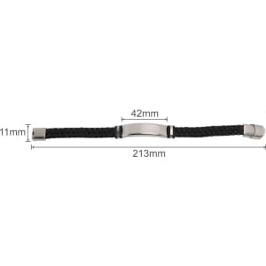 A leather twine bracelet in black featuring a metal clasp and a smooth metal centrepiece. Measurements included.