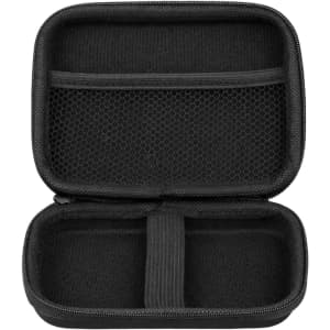 A large black zipper case with a mesh pocket and an elastic strap, featuring a double compartment design.