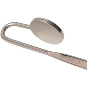 A metal bookmark with an oval top and a curved handle, featuring a polished silver finish.