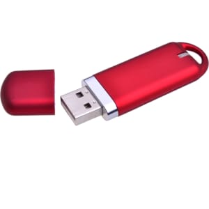 A red flash drive with a silver trim and a removable cap.