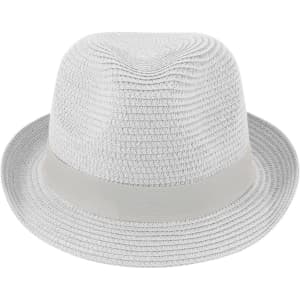 A light grey straw hat with a smooth band, featuring a round top and a wide brim. It has a logo on the side.
