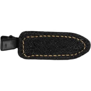 A denim hair clip in black with yellow stitching, featuring a plastic clasp and a simple design.