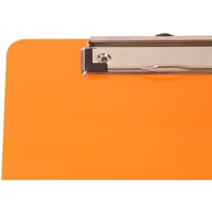An orange clipboard featuring a silver clip at the top.