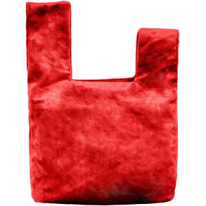 A red velvet wrist bag with a unique knot design and a substantial shape. Features a simple yet elegant appearance.