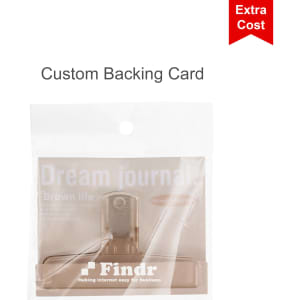 Translucent plastic magnetic clips in a clear package with a custom backing card. Includes a logo and features brown clips.