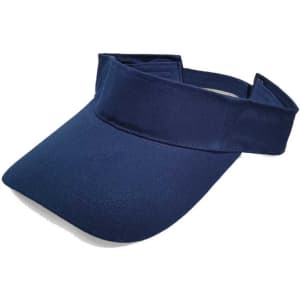 A navy blue sport visor with a wide brim and an adjustable strap, featuring a logo.