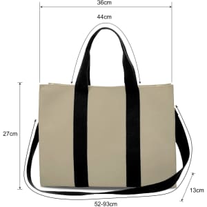 A canvas grocery shopping bag in beige with black handles, featuring dimensions for size reference.
