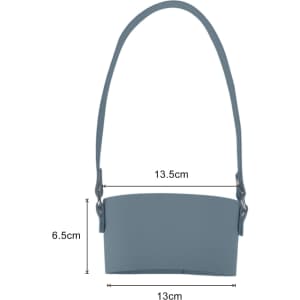 A drink bottle holder in a blue hue, featuring a shoulder strap and dimensions of 13.5cm x 6.5cm.