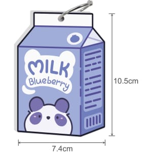 A custom-shaped index card resembling a blueberry milk carton, featuring a cute panda design in purple and white.