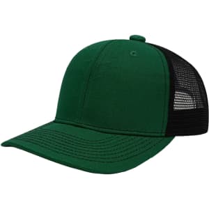 A green trucker hat with a mesh back, featuring a structured crown and curved brim. It has a logo on the front.