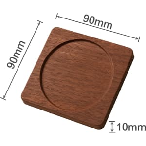 A wooden coaster in a rich brown colour, featuring a square shape with a circular centre, measuring 90mm x 10mm.