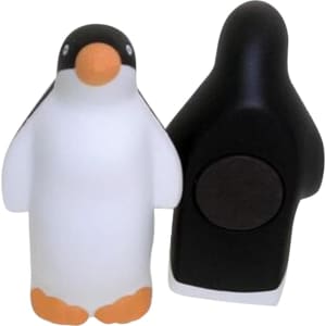 A black and white penguin-shaped stress reliever with an orange beak and a magnet on the back.