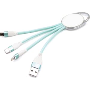 A turquoise macaron-shaped charging cable with three connectors and a keyring attachment.