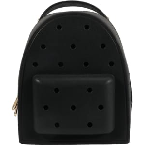 A black EVA Holes Backpack with a rounded shape and perforated detailing. It features a front pocket and a handle.