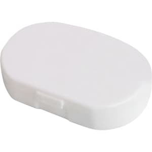 A white pill box with three compartments and a hinged lid, featuring a branding logo.