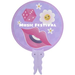 A purple foldable fan featuring playful designs, including a pair of lips, a flower, and dice. It has a branding logo.