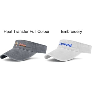 A washed sun visor in grey with heat transfer design and a white visor featuring embroidery. Both visors have logos.